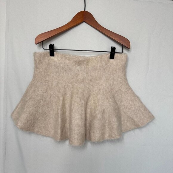 H&M Light Beige Wool Mohair Blend Elastic Waist Skater Flair Mini Skirt Size L - Picture 5 of 9